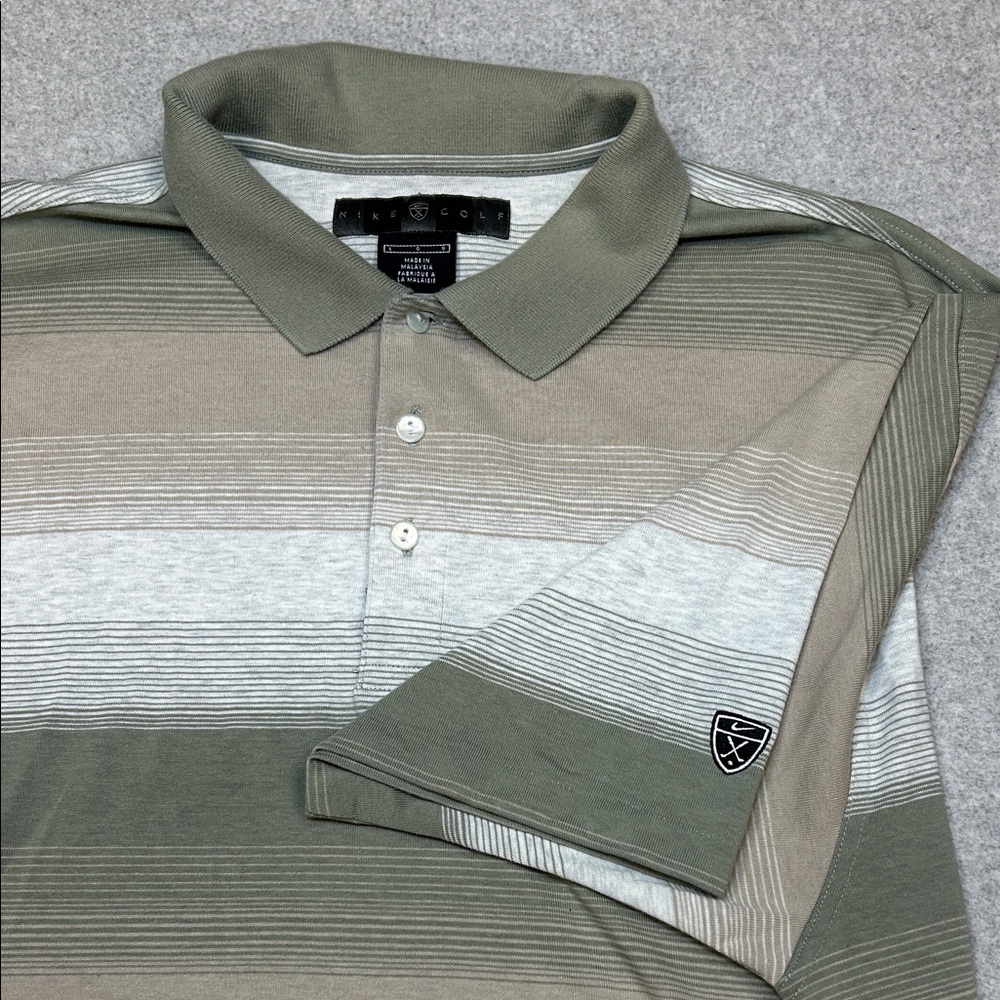 Nike Golf Muted Green, Beige and Light Gray Striped Polo Shirt-Men’s Large